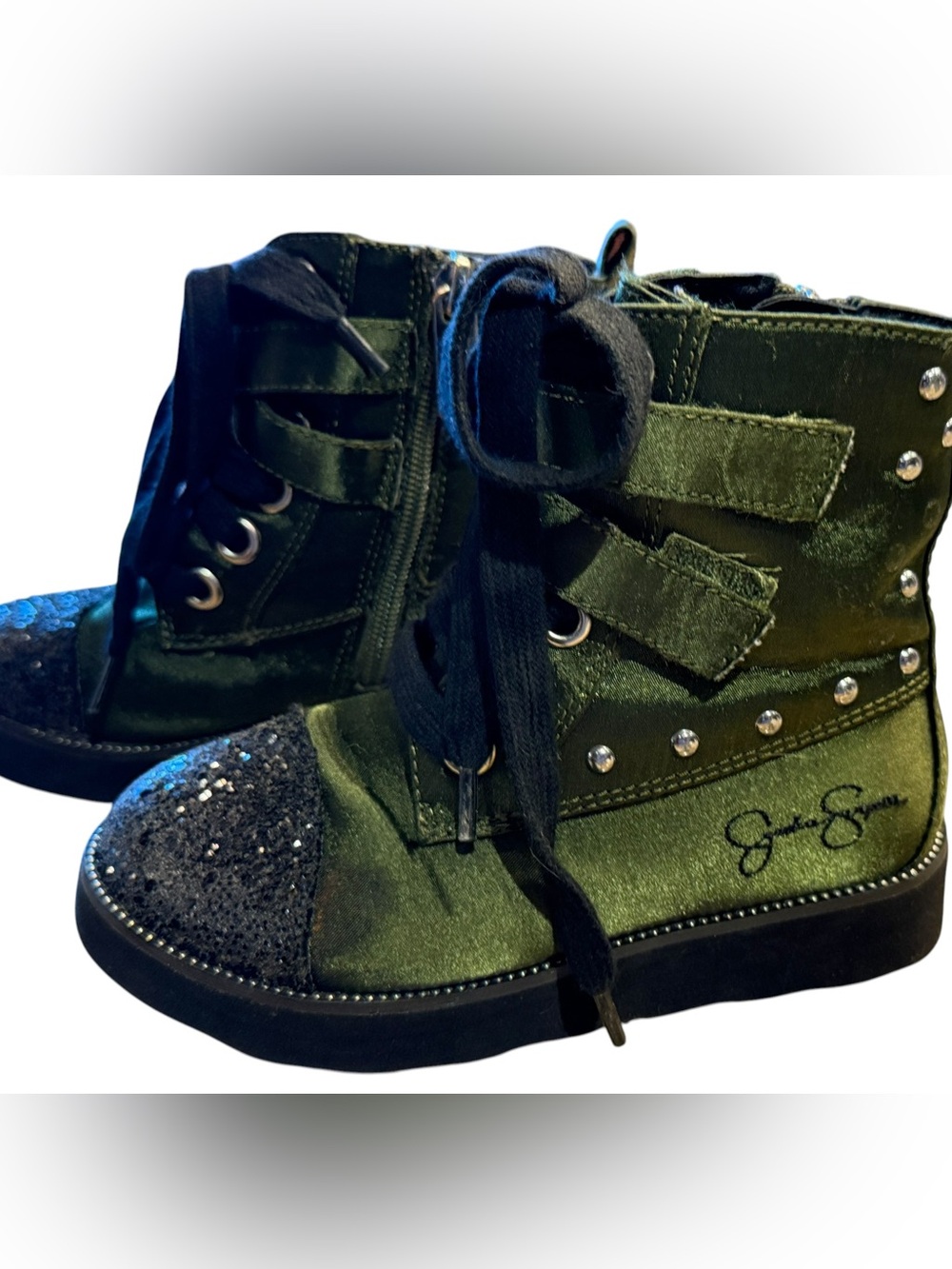 Jessica Simpson Girls 11M  Olive Green Satin High-Top Boots with Sparkle Toe